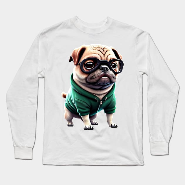 Muscular Pug Gym Trainer - Cute Pug with Green Hoodie Design Long Sleeve T-Shirt by fur-niche